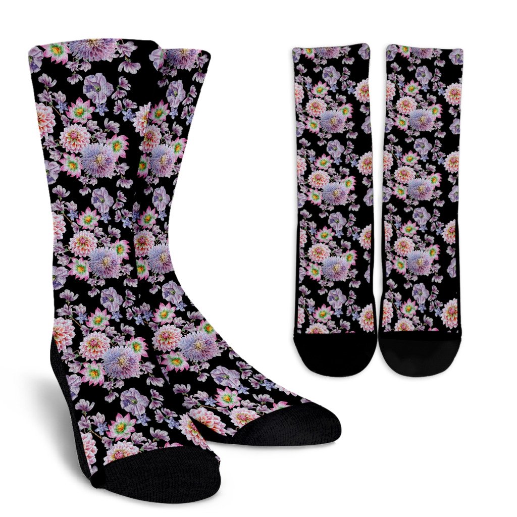 Dahlia Pattern Print Design DH012 Crew Socks-JORJUNE.COM