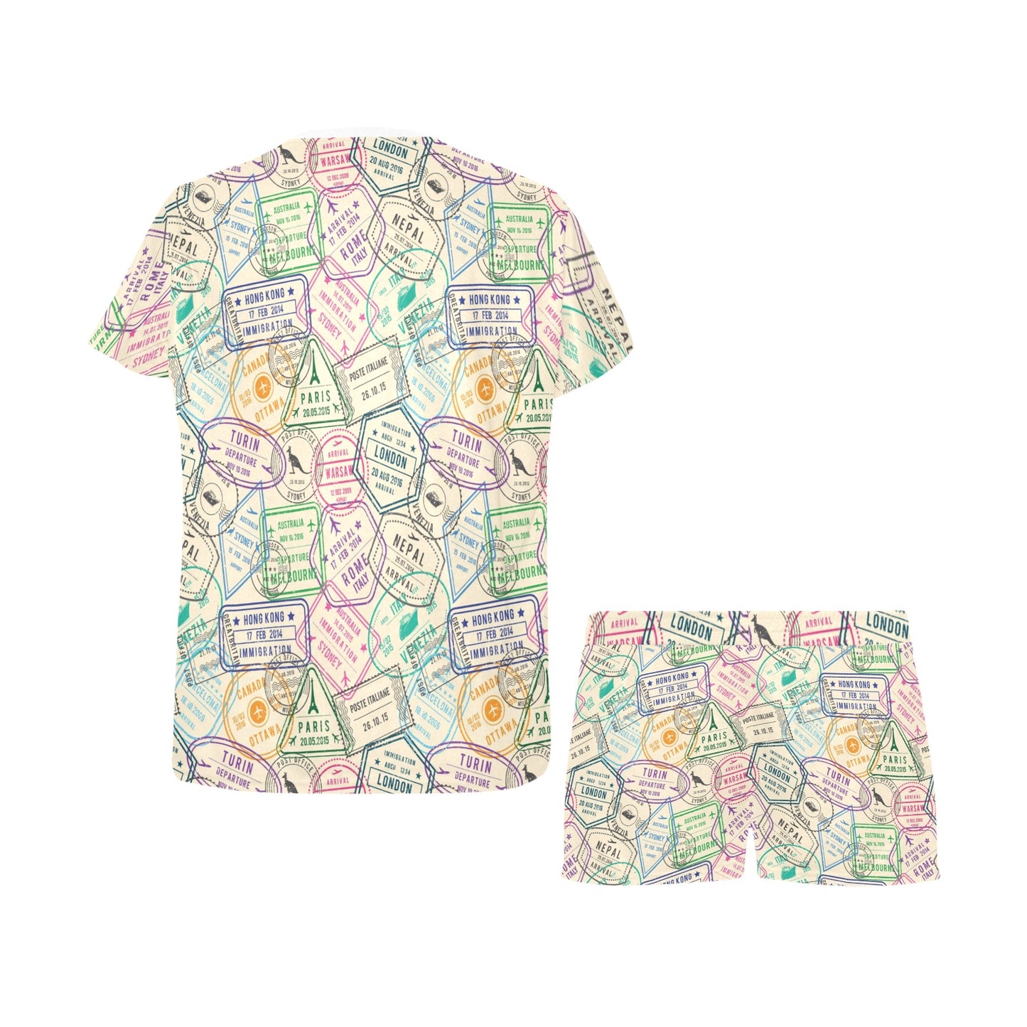 Travel Stamp Print Design LKS303 Women's Short Pajama Set