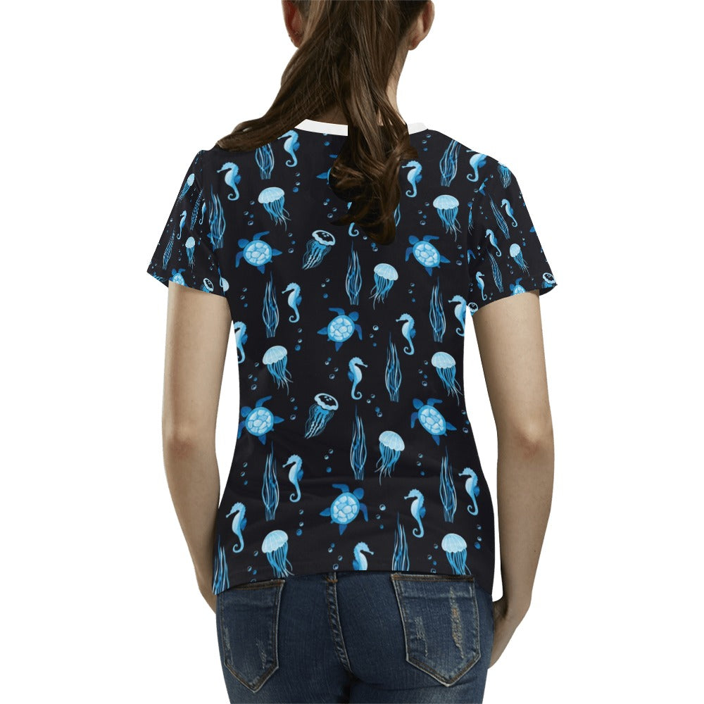 Sea Turtle Jelly Fish Sea Horse Print Design LKS3014 Women's T-shirt