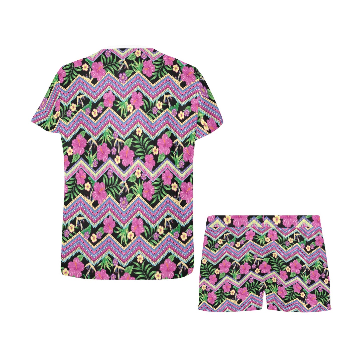 Hibiscus Pink Zigzag Line Pattern Design LKS307 Women's Short Pajama Set