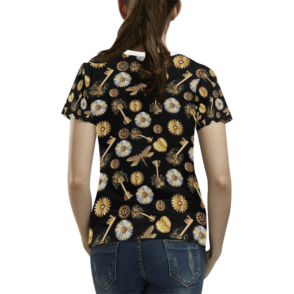 Steampunk Key Dragonfly Print Design LKS303 Women's T-shirt