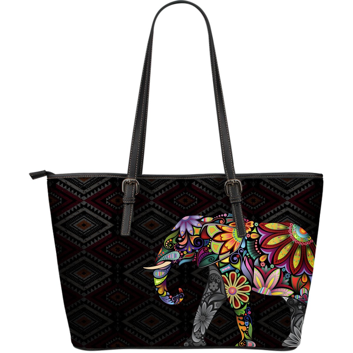 Elephant Colorful Indian Mandala Large Leather Tote Bag