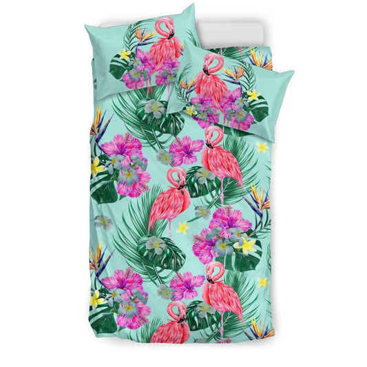 Flamingo Tropical Hibiscus Pattern Duvet Cover Bedding Set