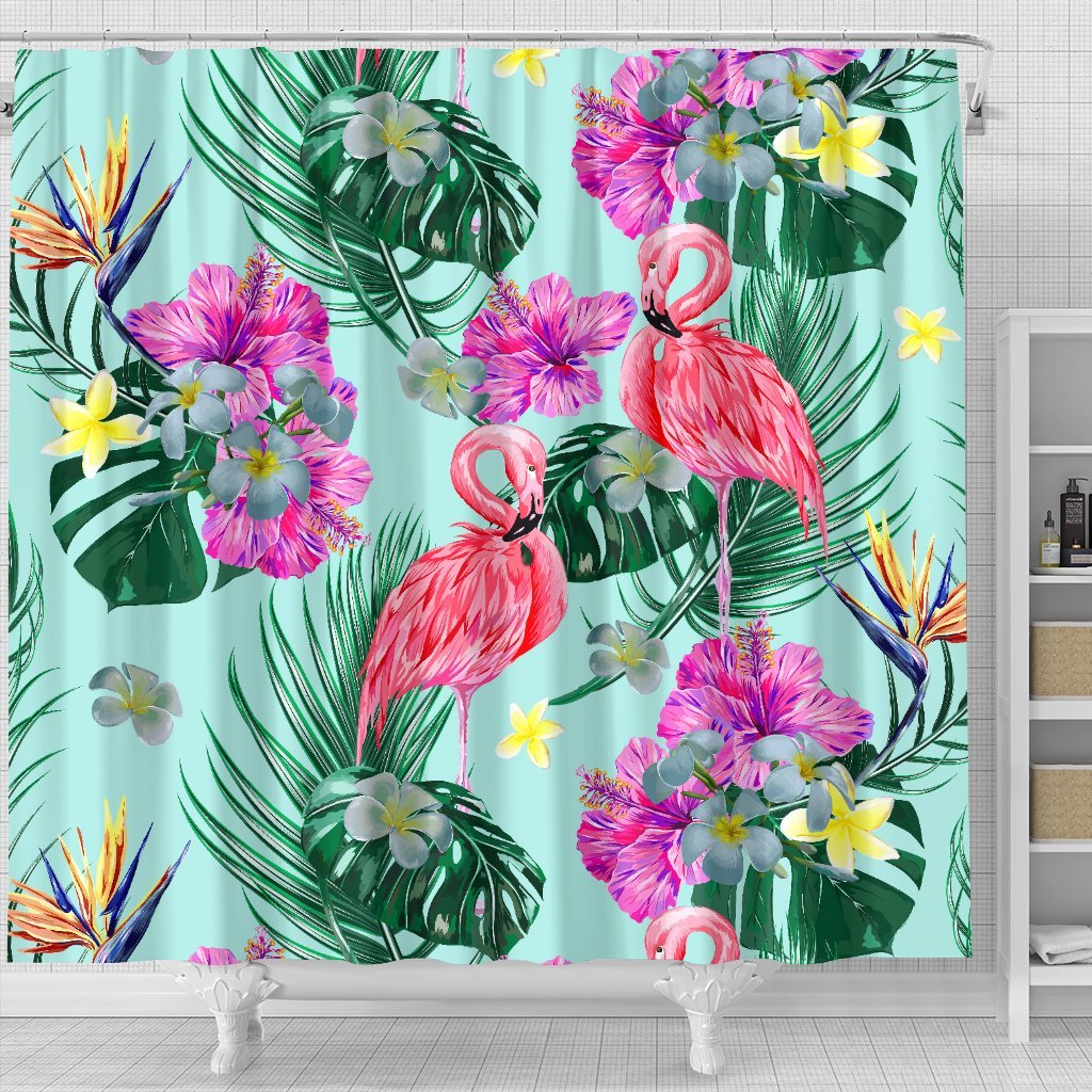 Flamingo Tropical Hibiscus Pattern Shower Curtain