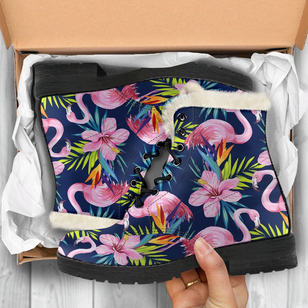 Flamingo Hibiscus Print Faux Fur Leather Boots