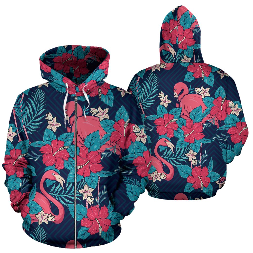 Flamingo Red Hibiscus Pattern All Over Zip Up Hoodie