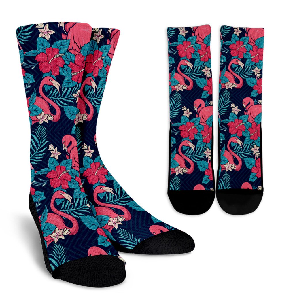Flamingo Red Hibiscus Pattern Crew Socks