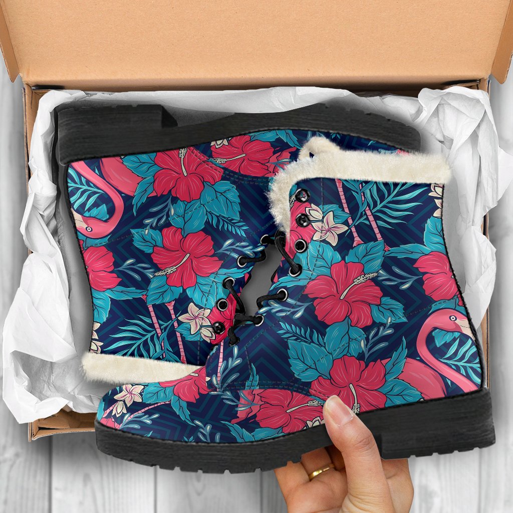 Flamingo Red Hibiscus Pattern Faux Fur Leather Boots