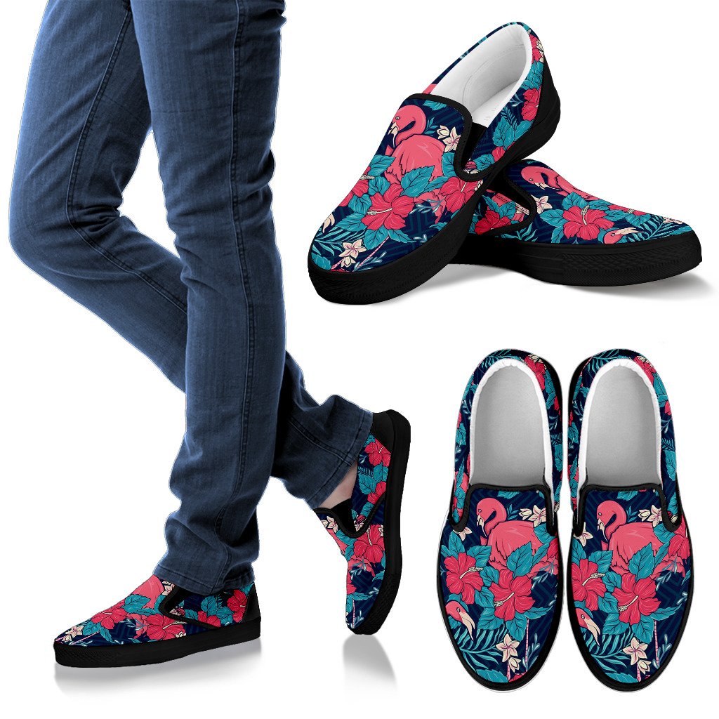 Flamingo Red Hibiscus Pattern Men Slip On Shoes