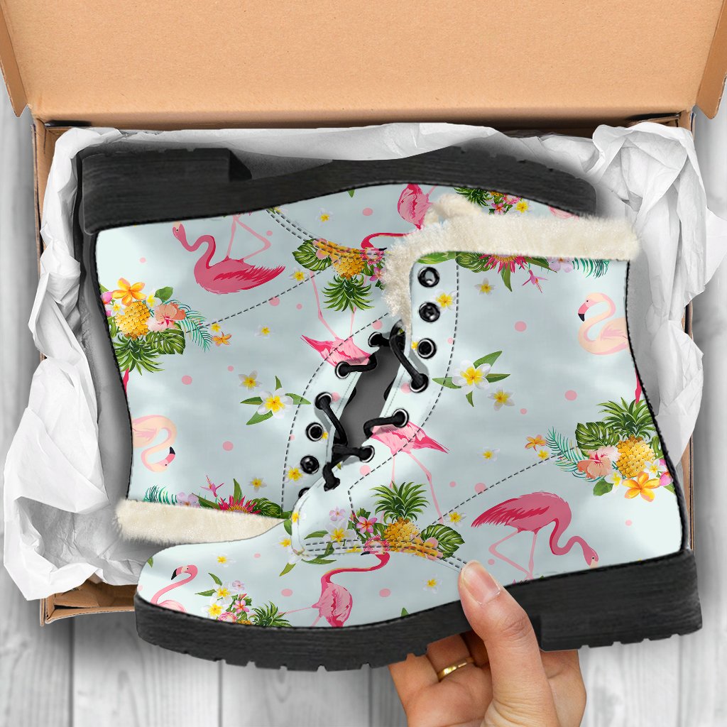 Flamingo Sweet Pattern Faux Fur Leather Boots