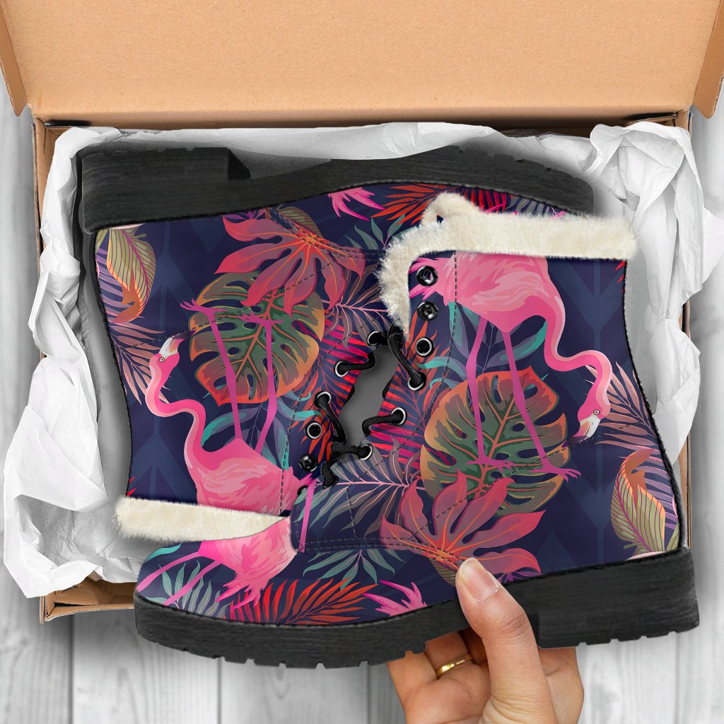 Flamingo Tropical Pattern Faux Fur Leather Boots