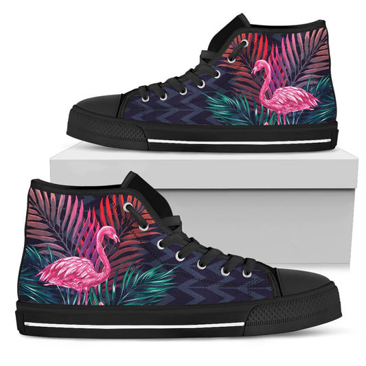 Flamingo Tropical Pink Hibiscus Men High Top Canvas Shoes