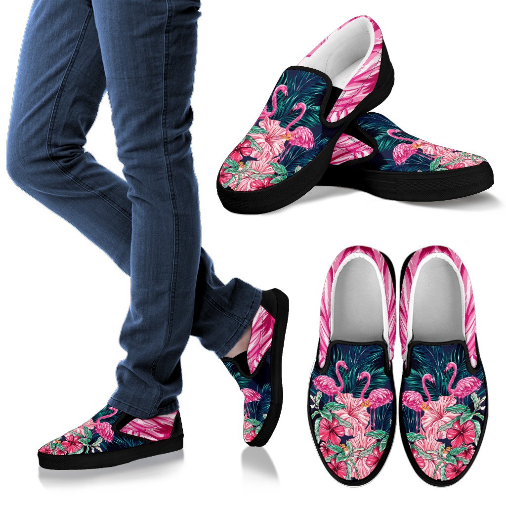 Flamingo Tropical Pink Hibiscus Women Canvas Slip On Shoes