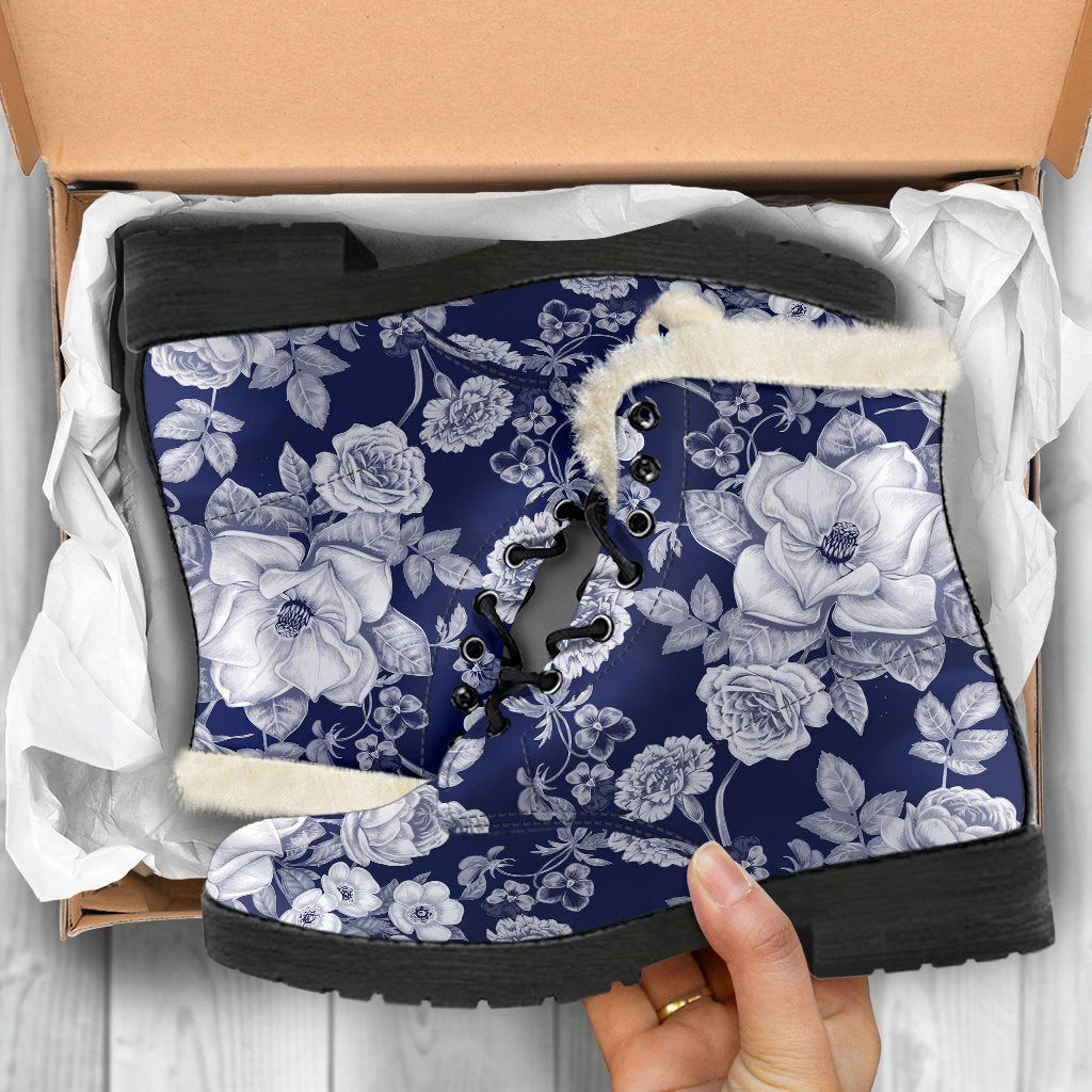 Floral Infrared Pattern Faux Fur Leather Boots