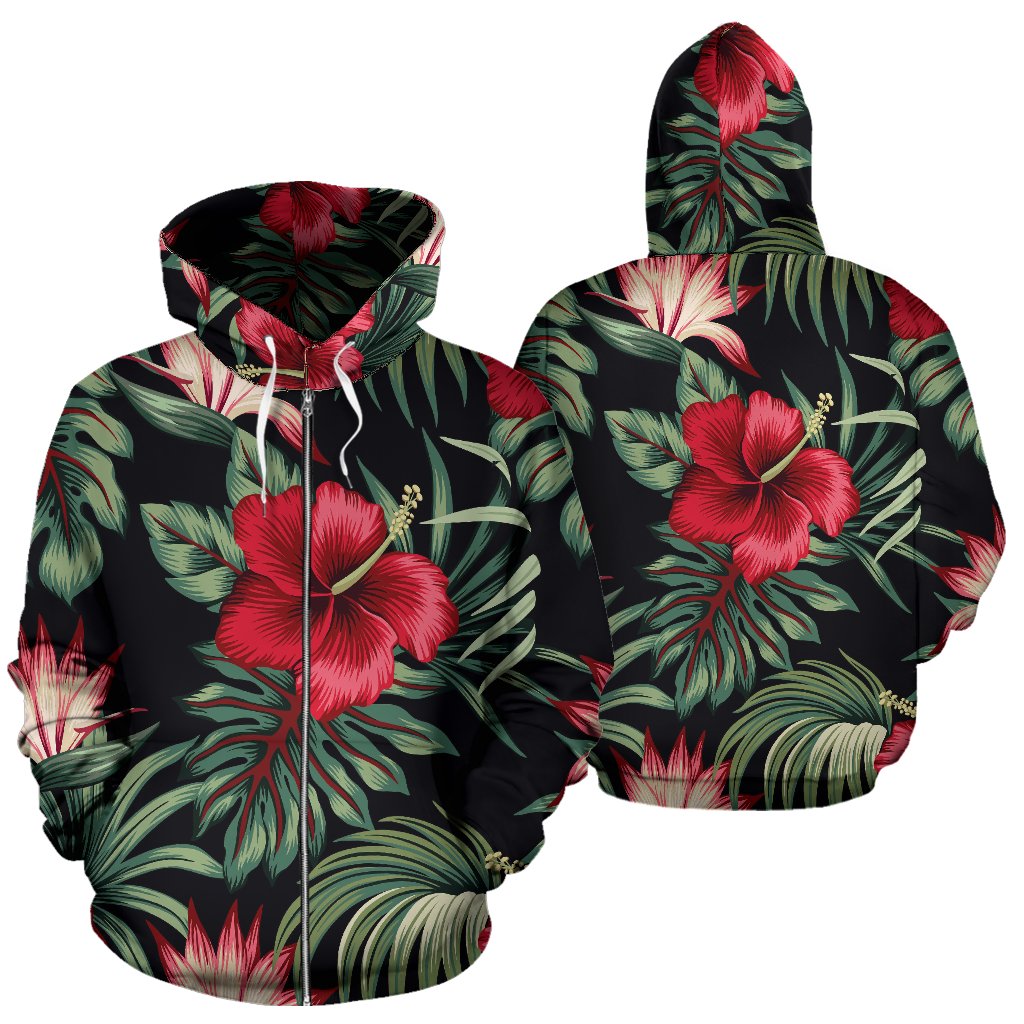 Flower Hawaiian Red Hibiscus Design Print All Over Zip Up Hoodie