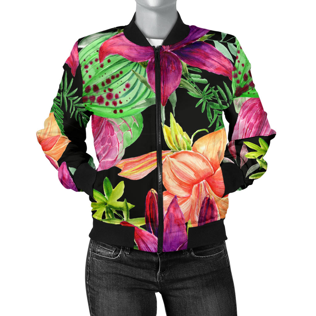 Amaryllis Pattern Print Design AL09 Women Bomber Jacket