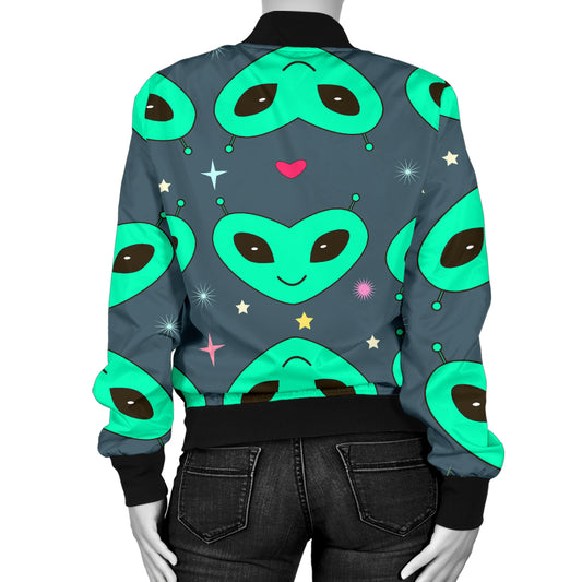 Alien Head Heart Pattern Print Design 03 Women's Bomber Jacket