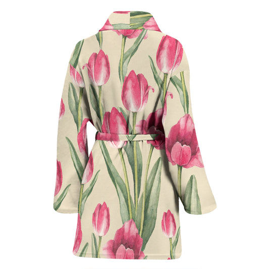 Tulip Pink Pattern Print Design TP06 Women Bathrobe