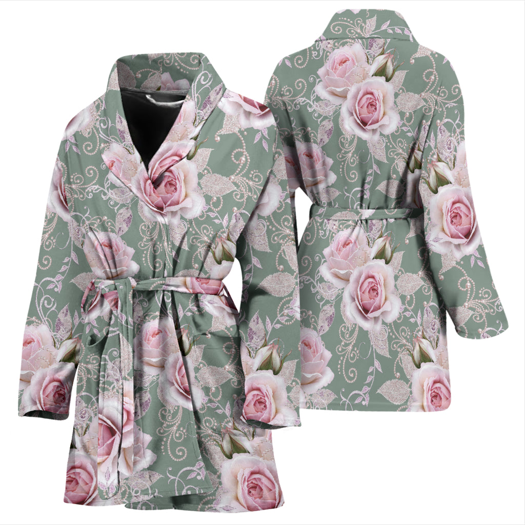 Rose White Pattern Print Design RO012 Women Bathrobe