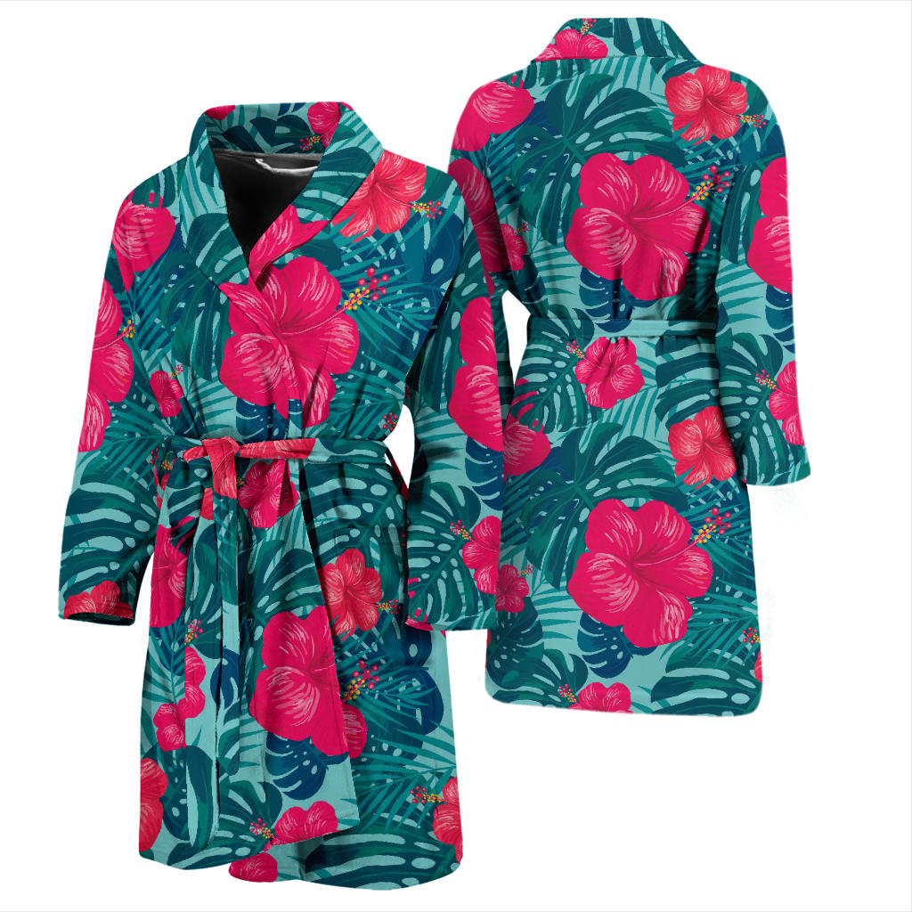 Red Hibiscus Pattern Print Design HB017 Men Bathrobe