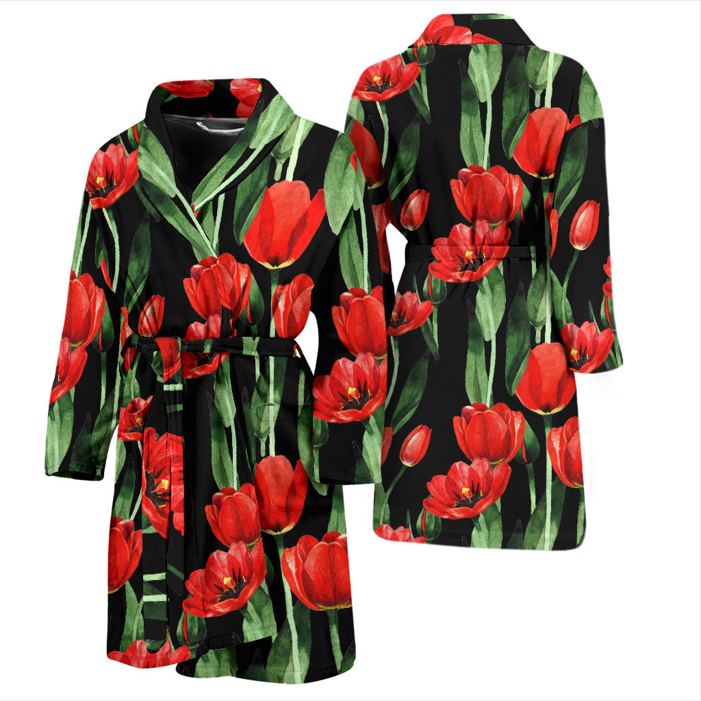 Tulip Red Pattern Print Design TP03 Men Bathrobe
