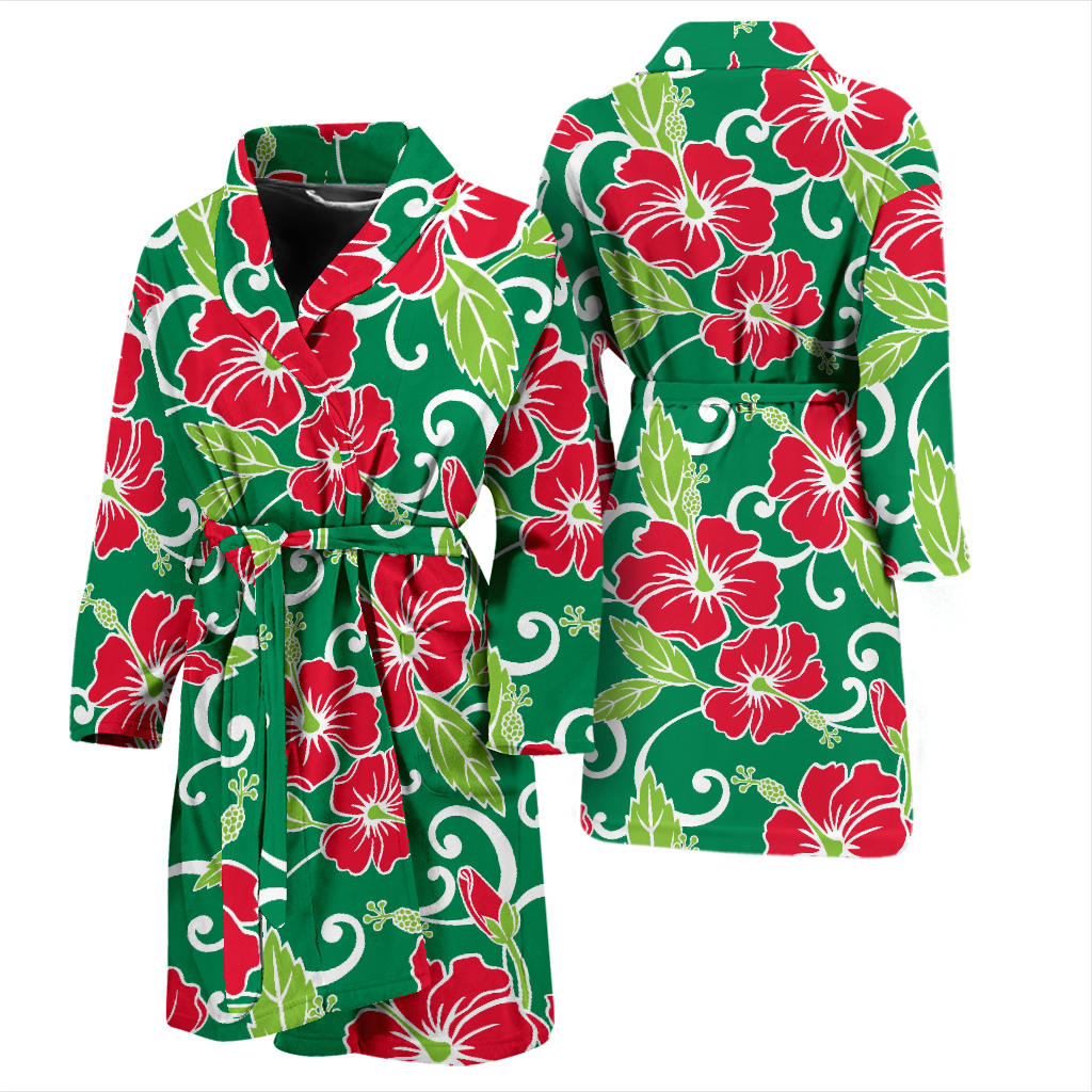 Red Hibiscus Pattern Print Design HB019 Men Bathrobe