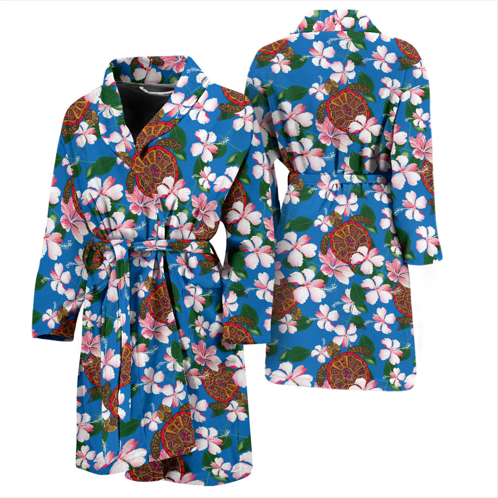 Sea Turtle Pink Hibiscus Hawaiian Print Men Bathrobe