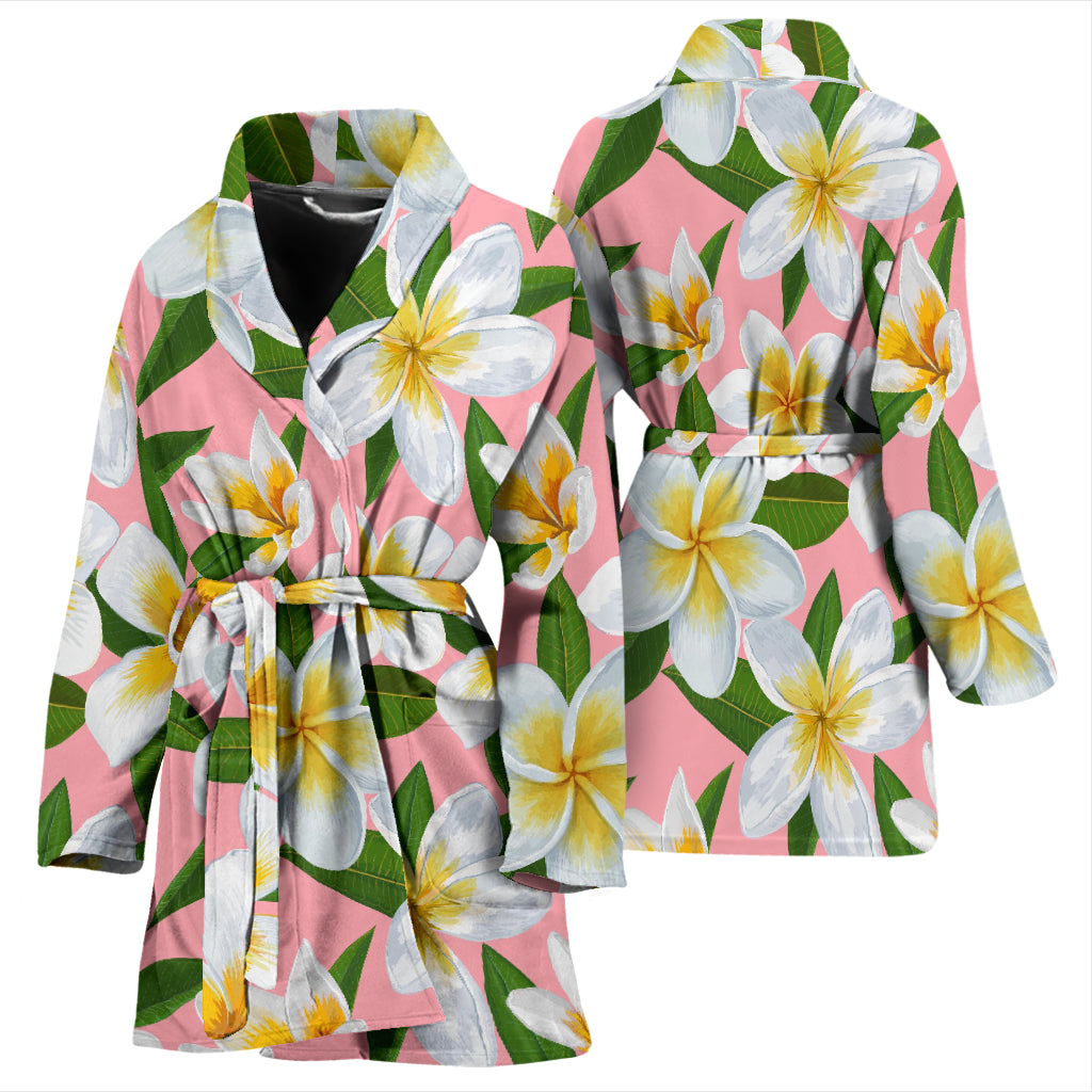 White Plumeria Pattern Print Design PM011 Women Bathrobe