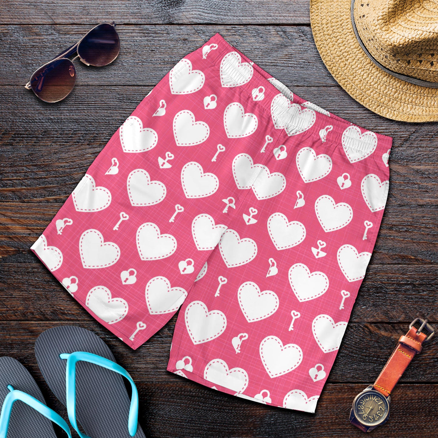 Heart Key Pattern Print Design HE09 Mens Shorts