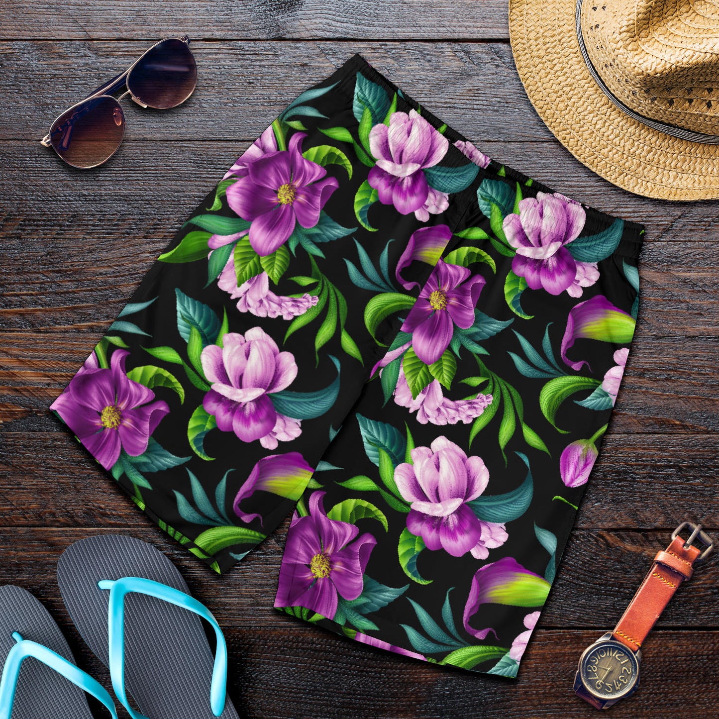 Bright Purple Floral Pattern Mens Shorts