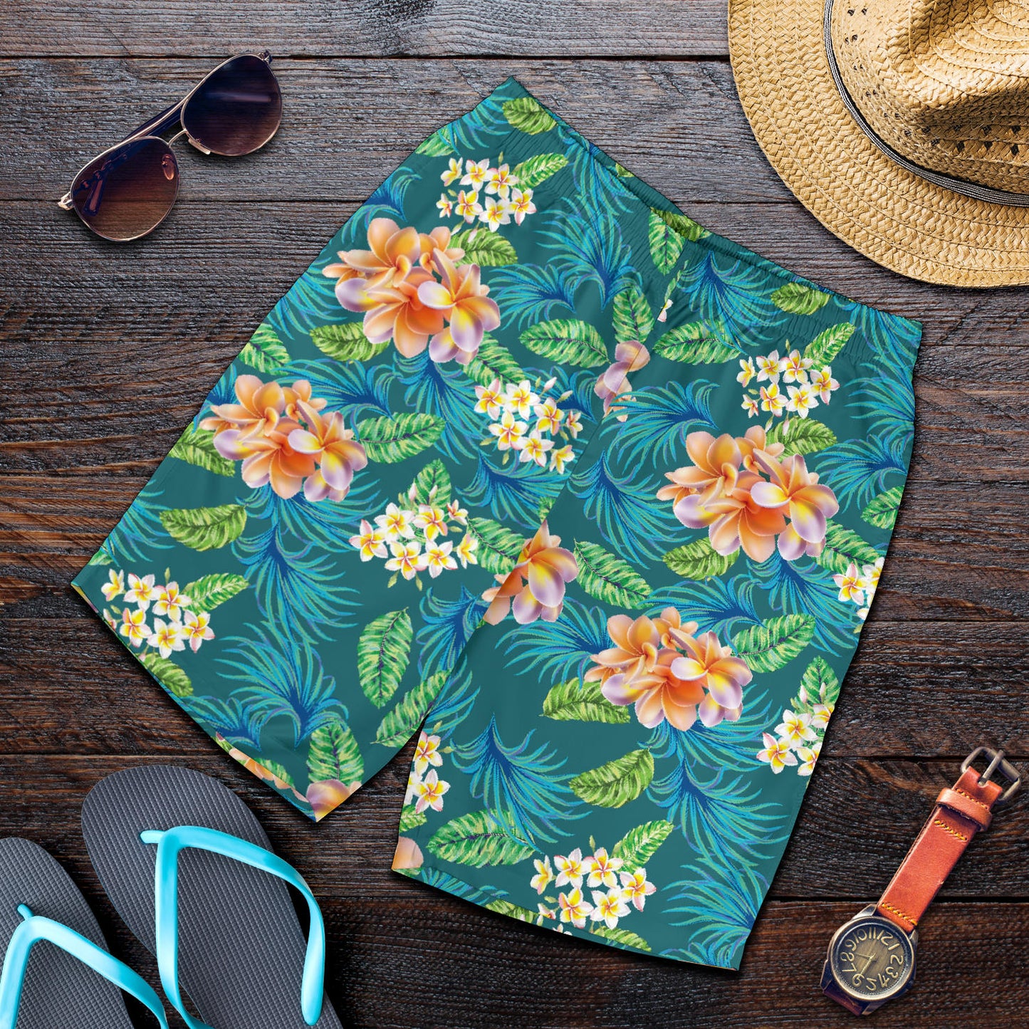 Plumeria Tropical Flower Design Print Mens Shorts