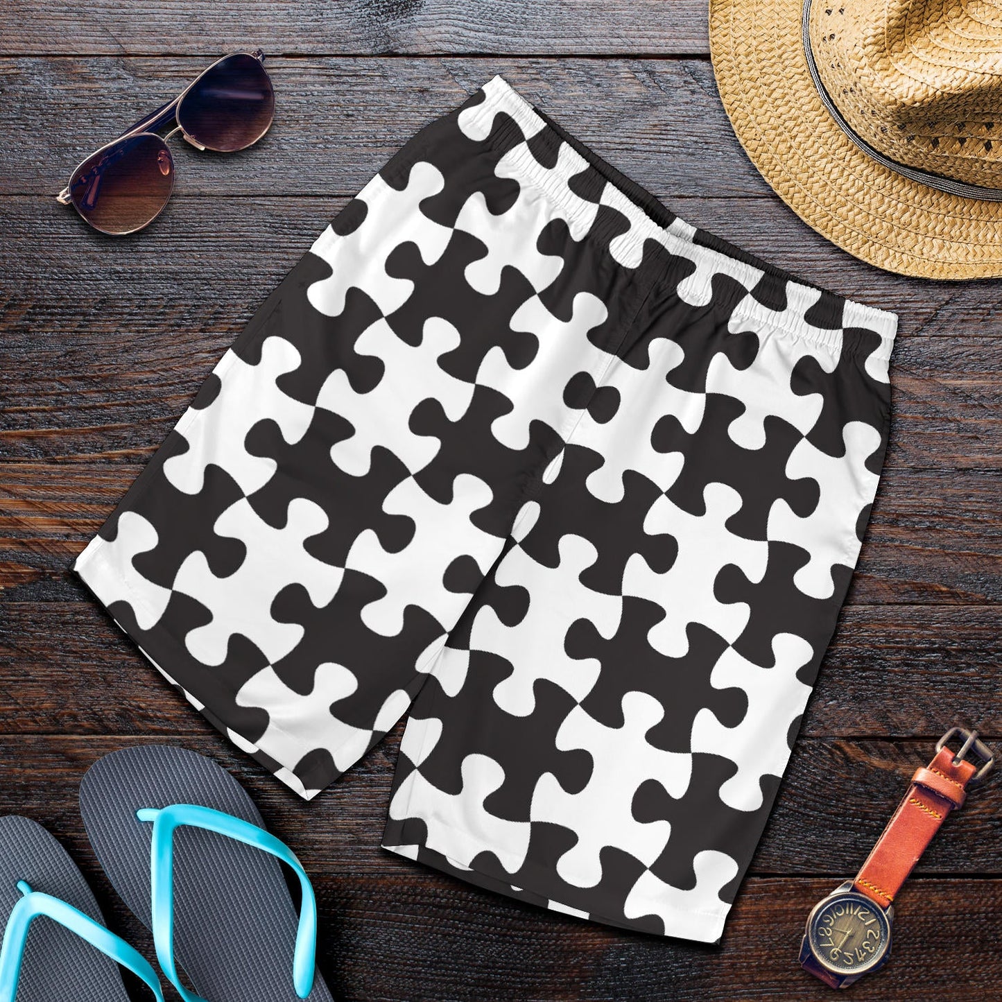 Puzzle Black White Pattern Print Design A02 Mens Shorts