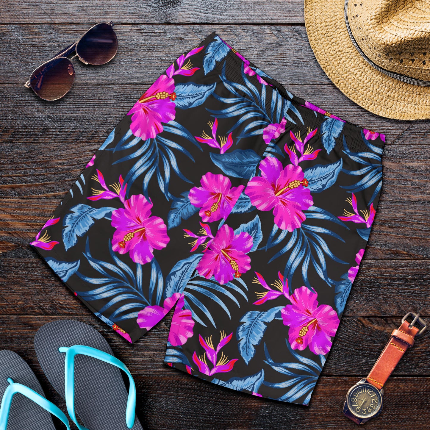 Neon Pink Hibiscus Pattern Print Design HB015 Mens Shorts