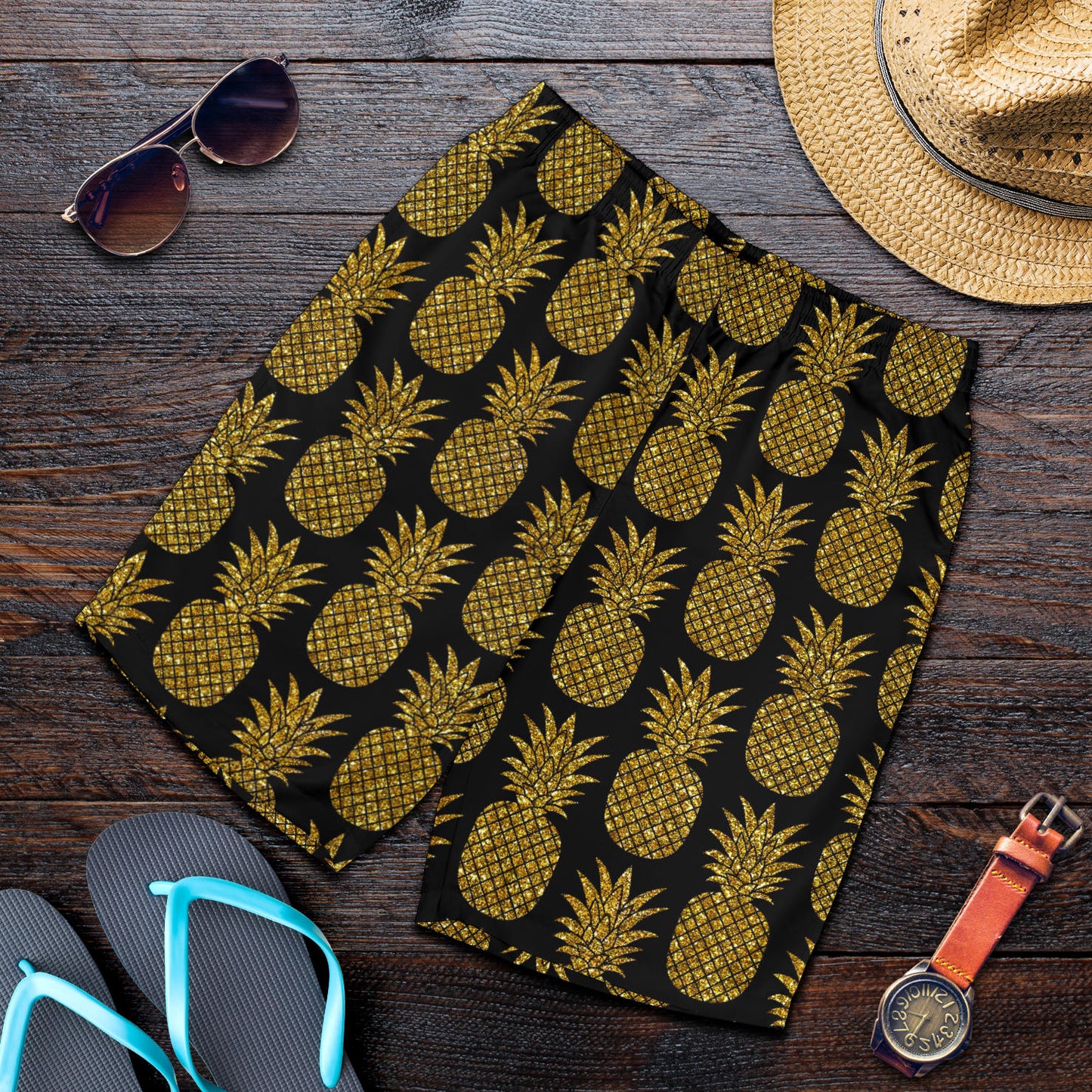 Gold Pineapple Pattern Print Design PP011 Mens Shorts