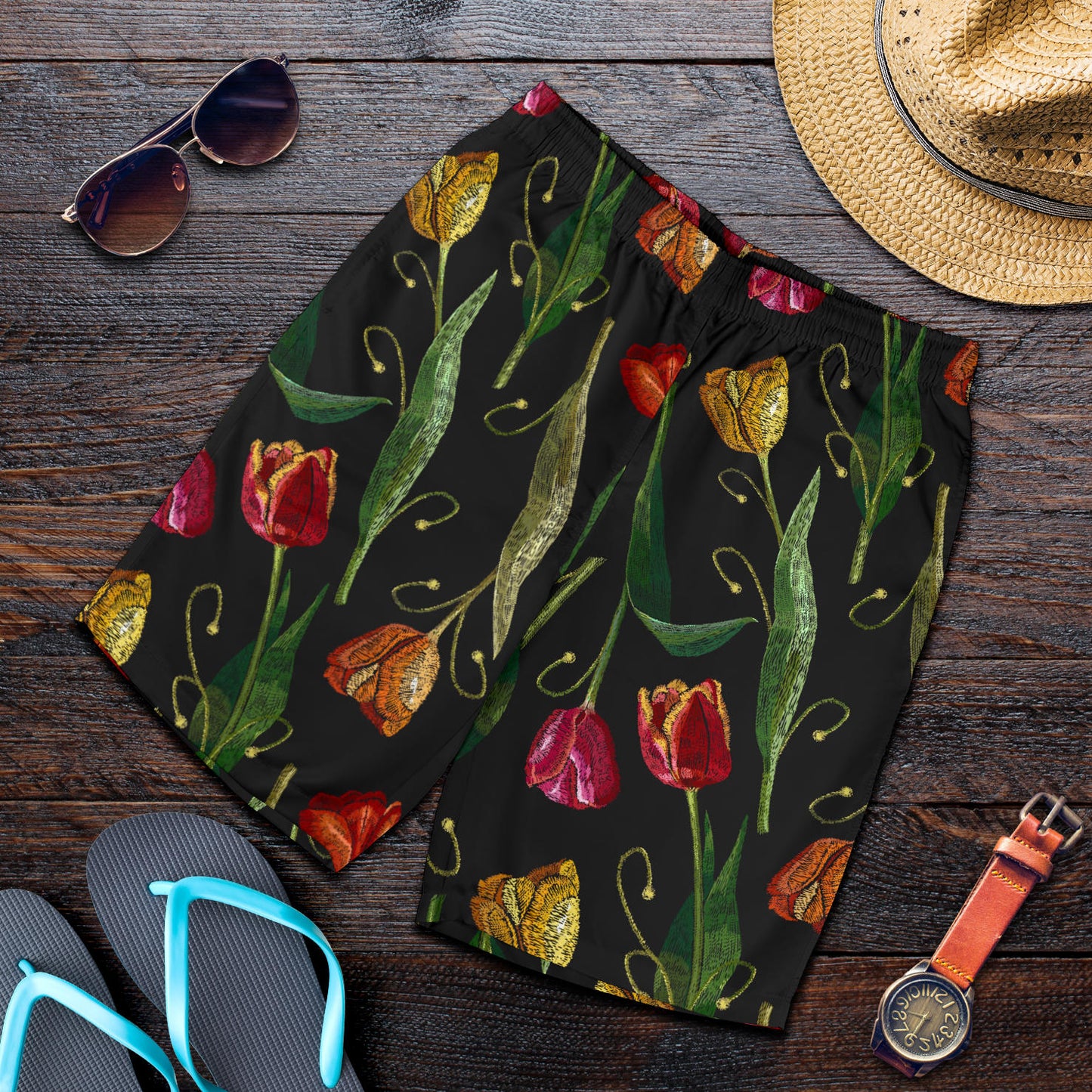 Tulip Embroidered Pattern Print Design TP01 Mens Shorts