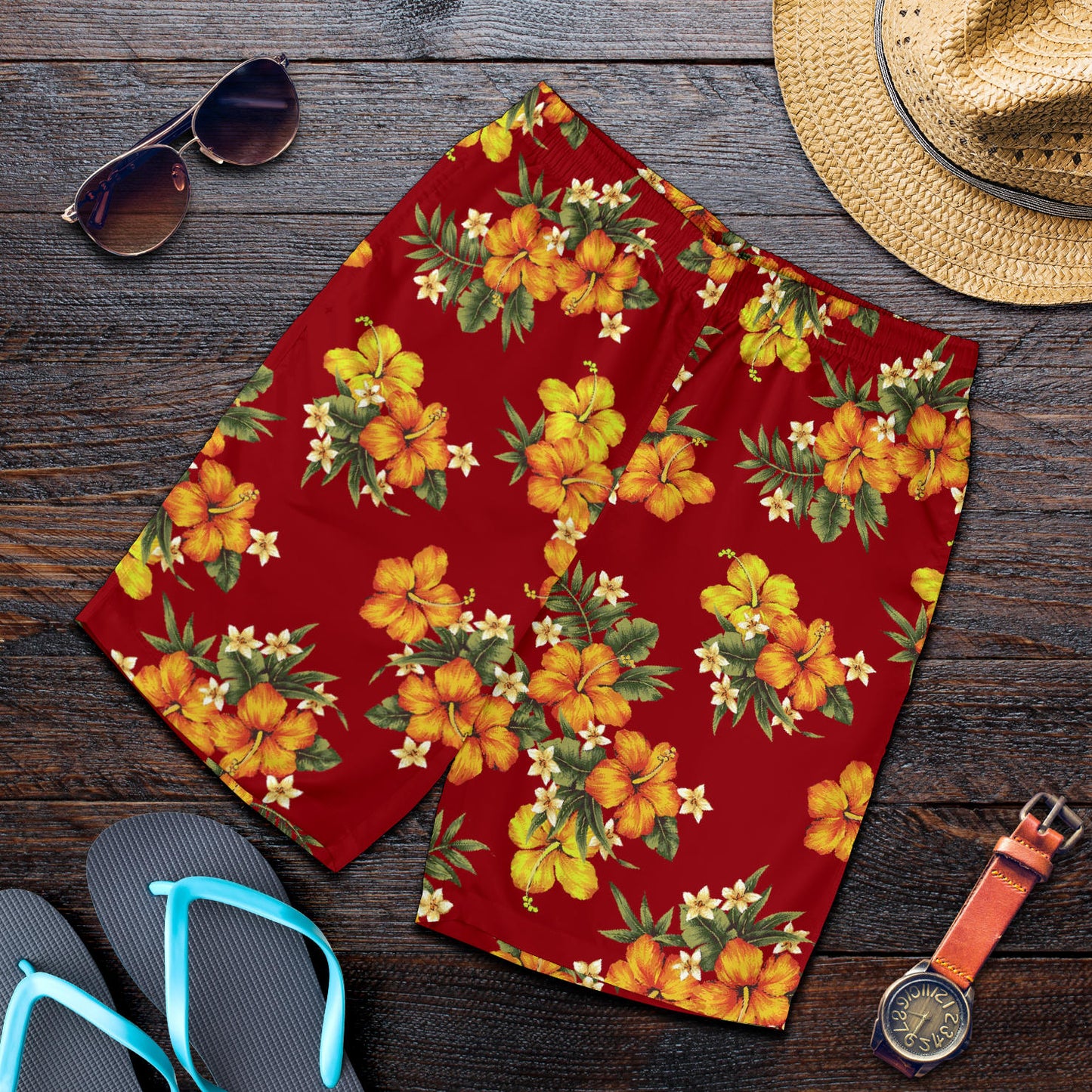 Orange Hibiscus Pattern Print Design HB026 Mens Shorts