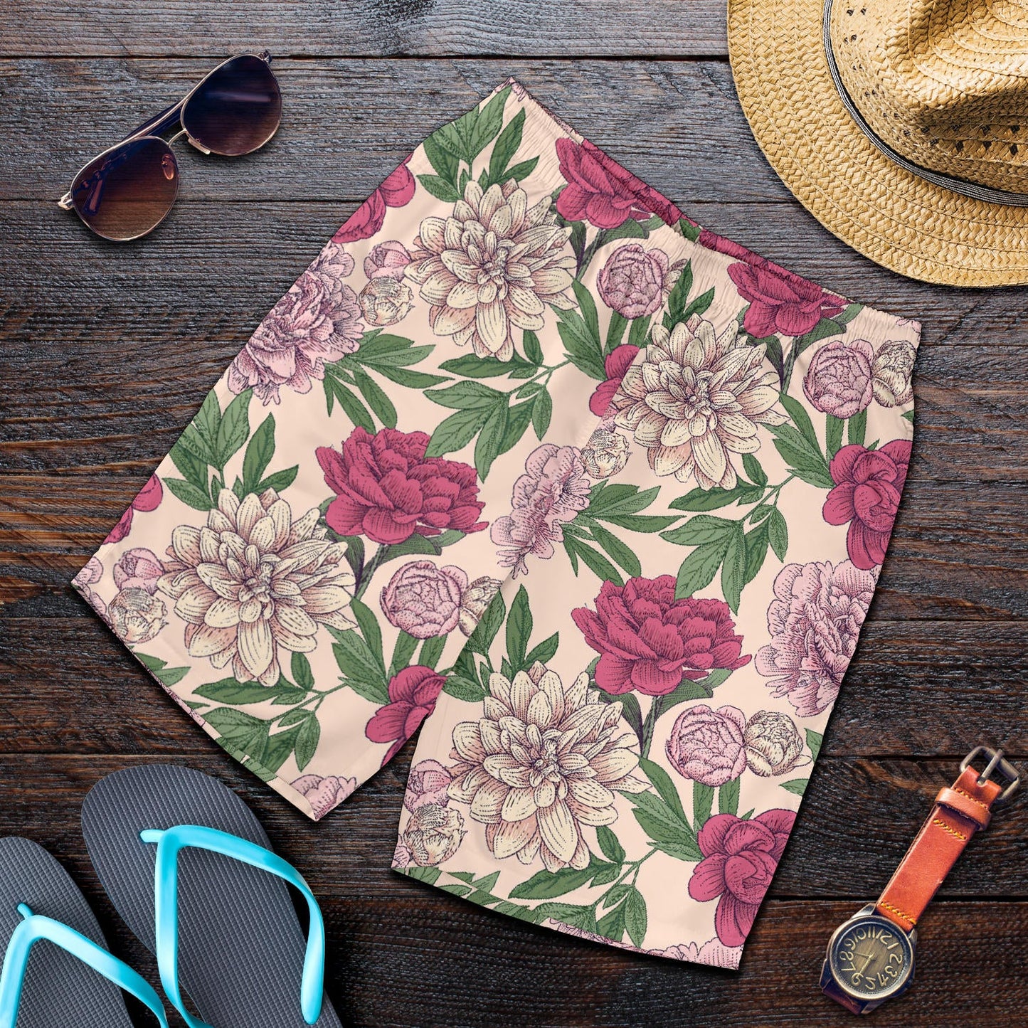 Peony Pattern Print Design A01 Mens Shorts
