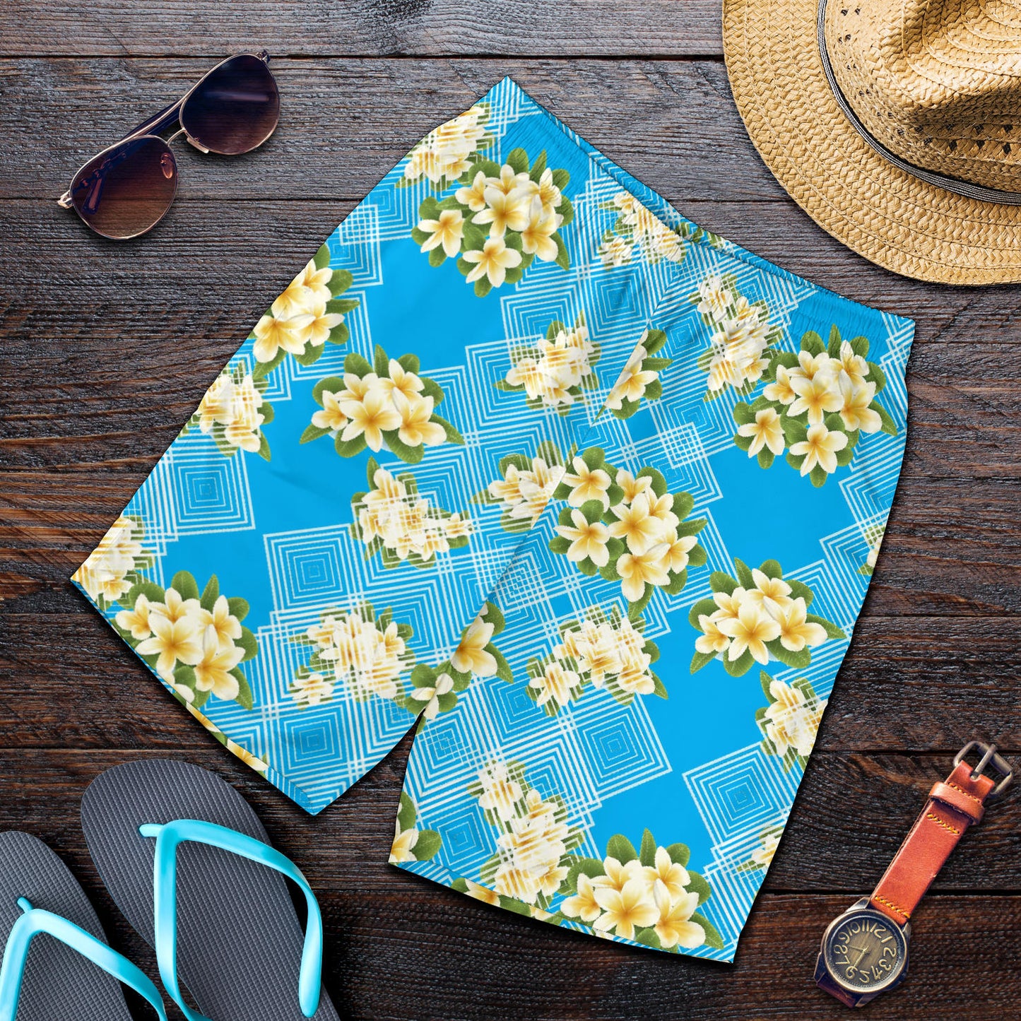 Yellow Plumeria Design Print Pattern Mens Shorts