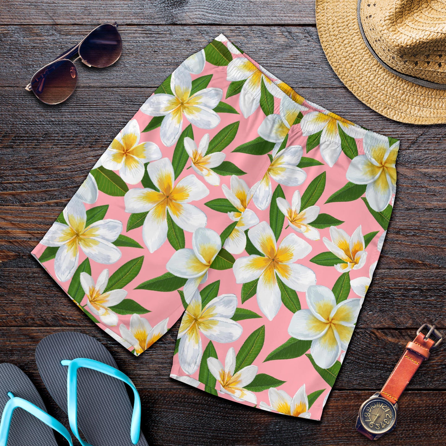 White Plumeria Pattern Print Design PM011 Mens Shorts
