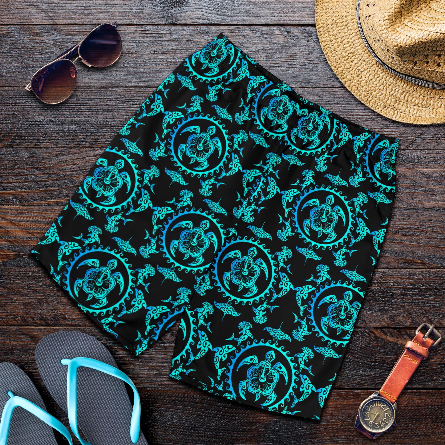 turquoise Tribal Sea Turtle Hawaiian Mens Shorts