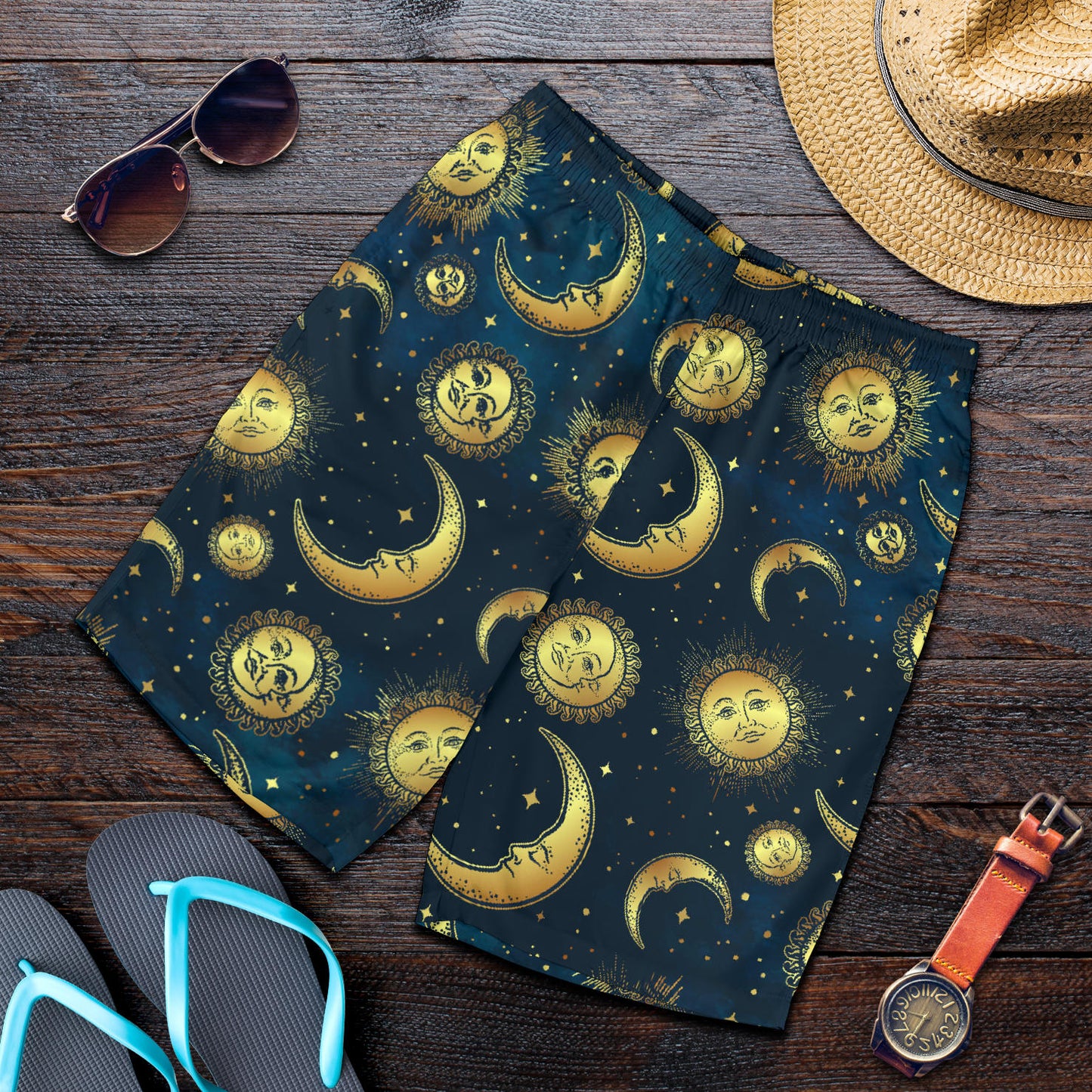 Gold Sun Moon Face Mens Shorts