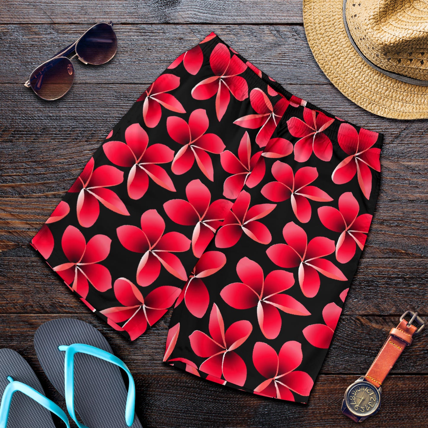 Red Plumeria Pattern Print Design PM025 Mens Shorts