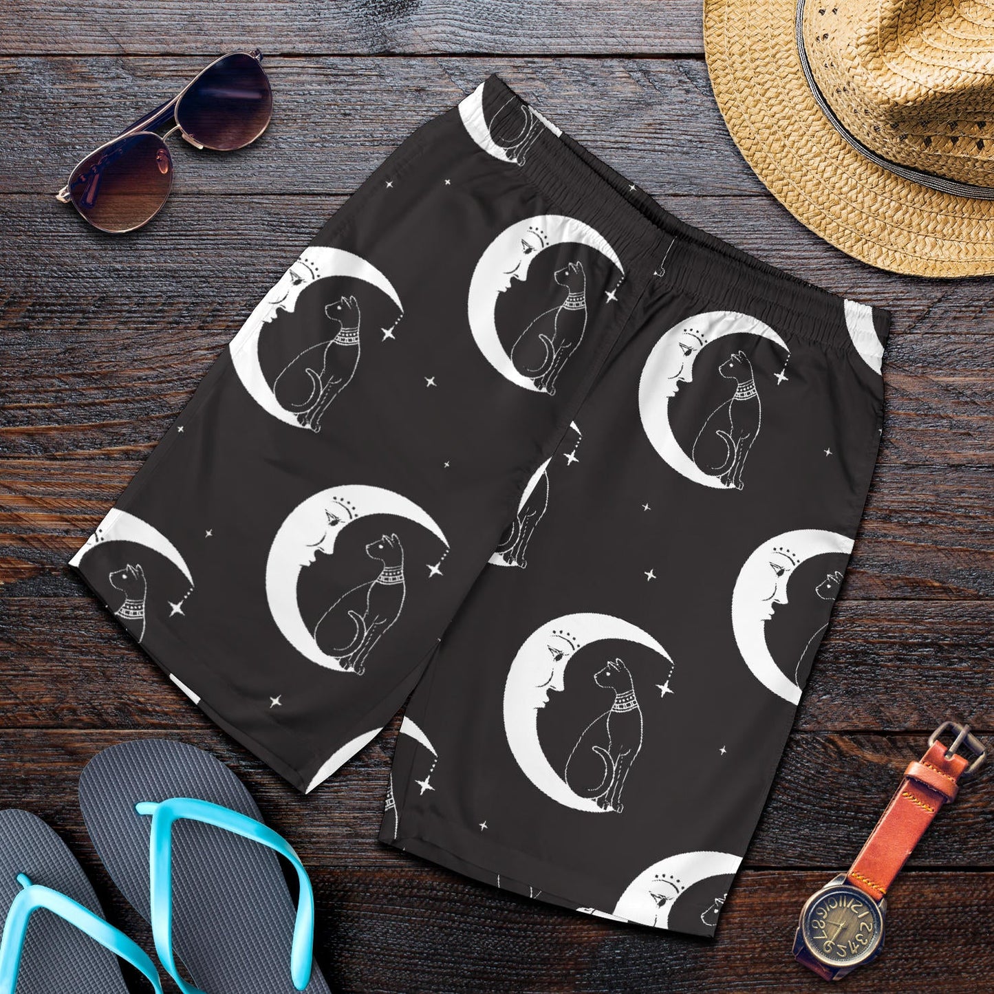 Moon with Cat Pattern Print Design 04 Mens Shorts