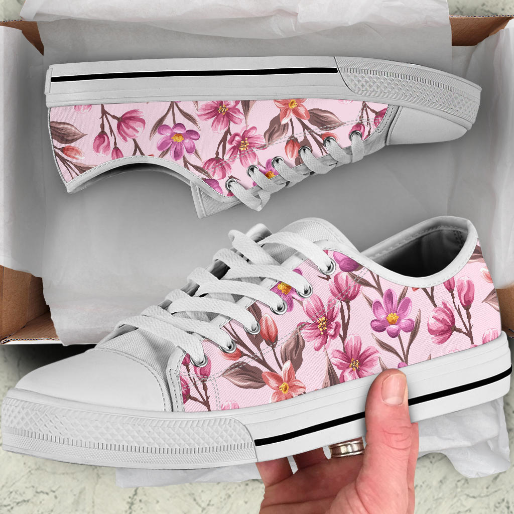 Summer Floral Pattern Print Design SF09 White Bottom Low Top Shoes