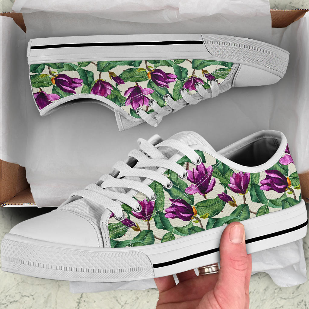Magnolia Pattern Print Design MAG07 White Bottom Low Top Shoes