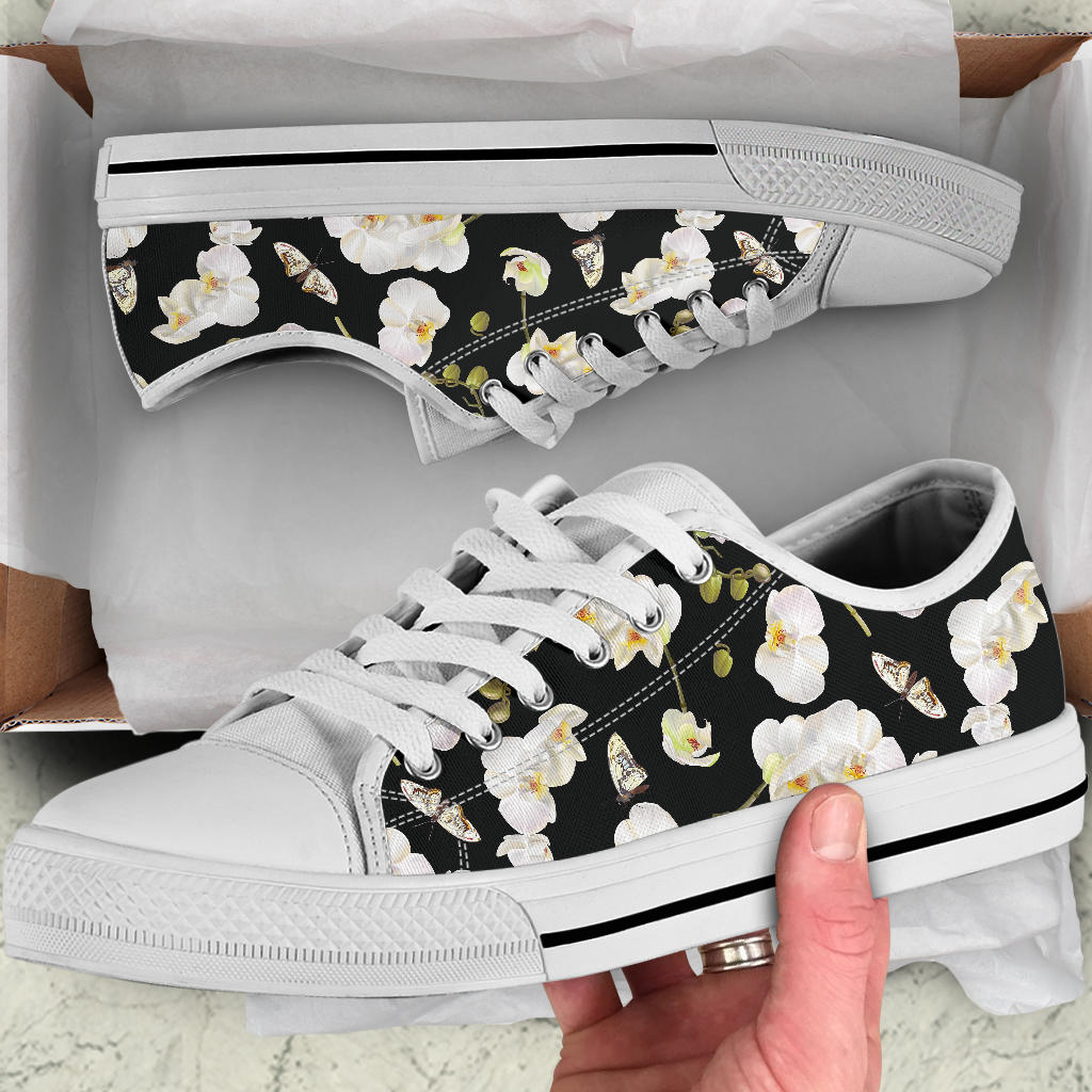 Orchid White Pattern Print Design OR011 White Bottom Low Top Shoes