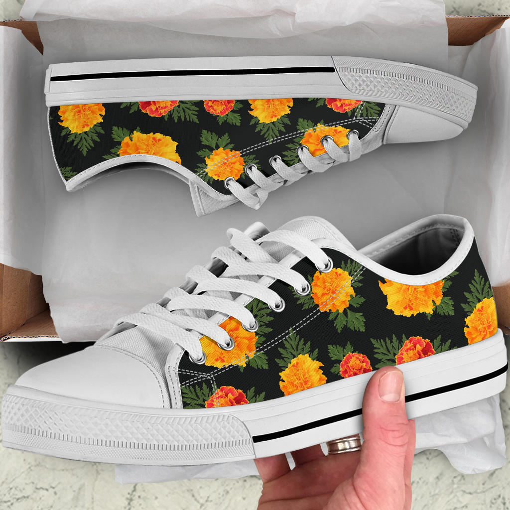 Marigold Pattern Print Design MR05 White Bottom Low Top Shoes