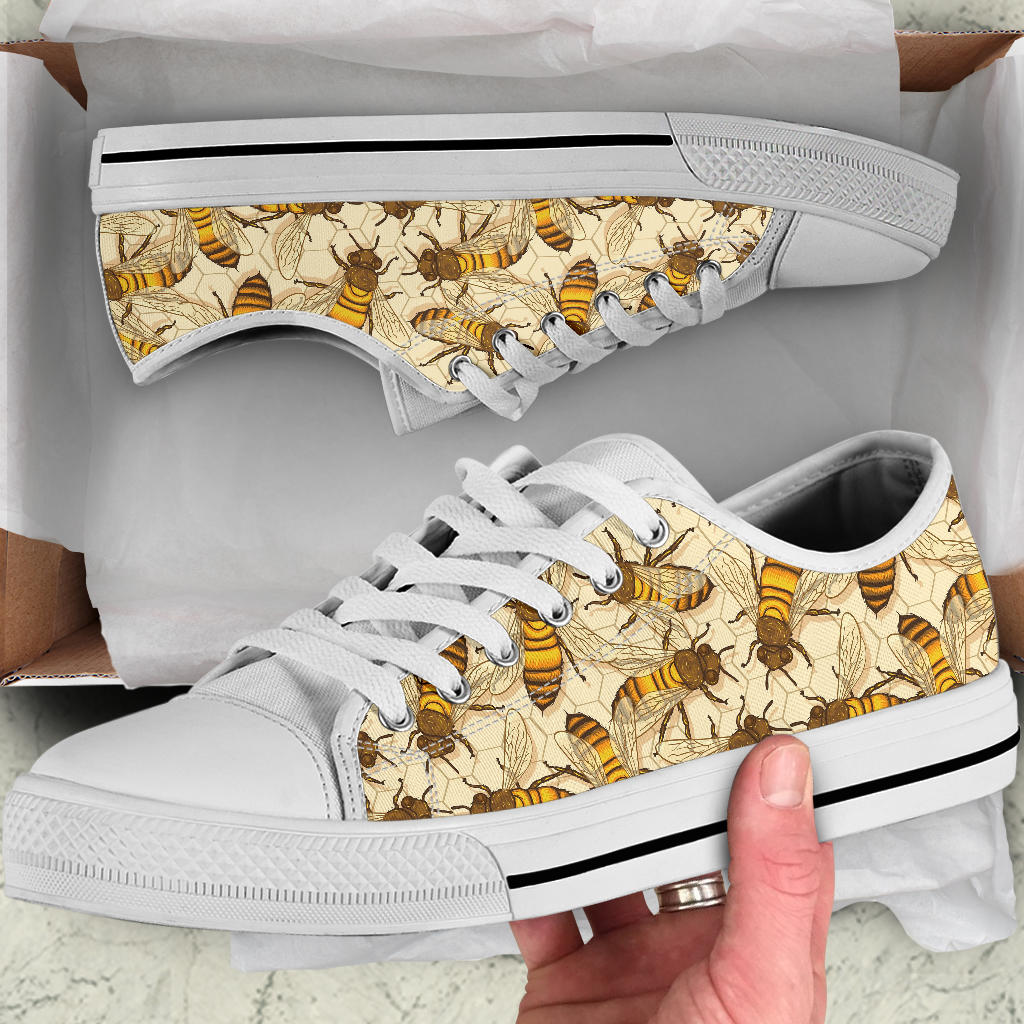 Bee Pattern Print Design BEE05 White Bottom Low Top Shoes