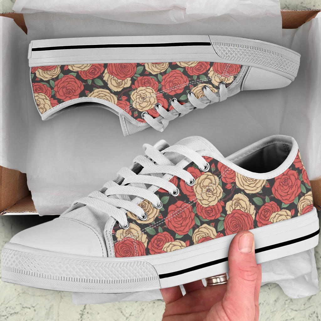 Camellia Pattern Print Design CM01 White Bottom Low Top Shoes