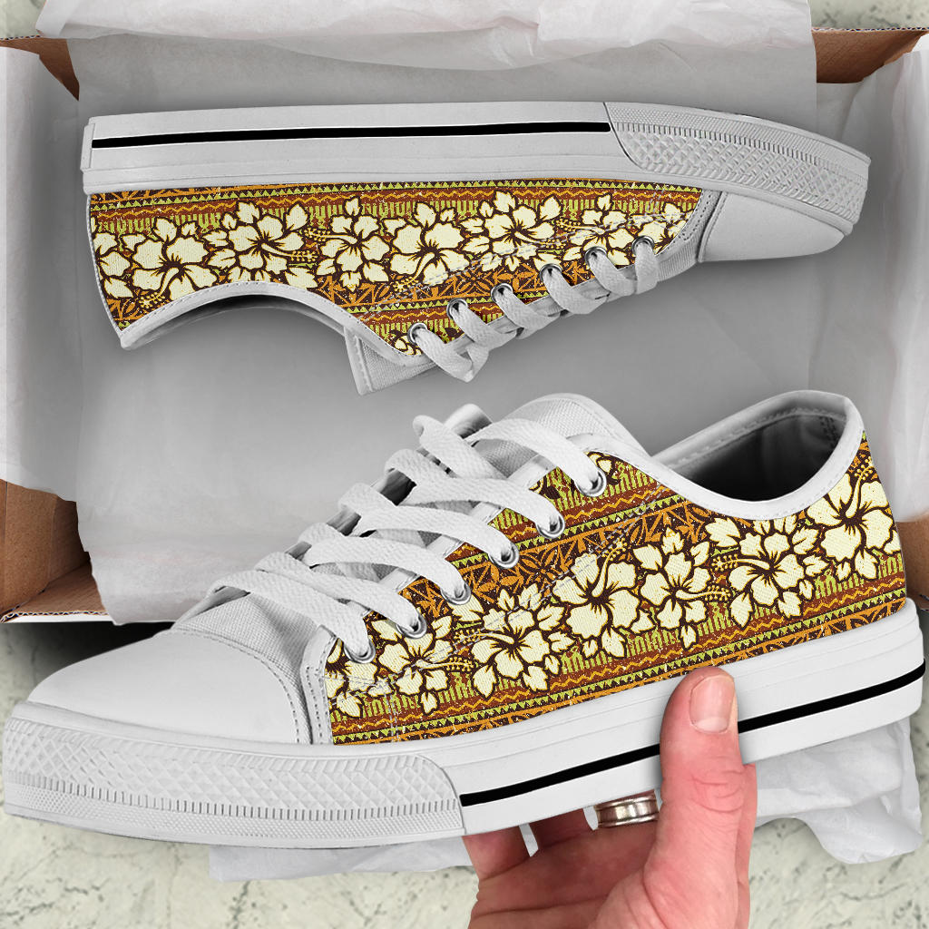 Hawaiian Themed Pattern Print Design H015 White Bottom Low Top Shoes